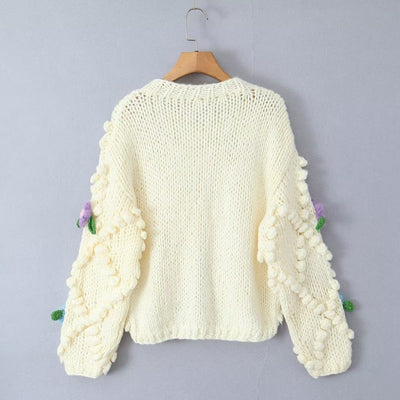 GoodMe One Size / White Sweet Girl Handmade Floral Sweater Autumn Loose Lazy Sweater Niche Cardigan Coat