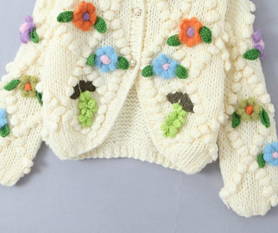 GoodMe One Size / White Sweet Girl Handmade Floral Sweater Autumn Loose Lazy Sweater Niche Cardigan Coat