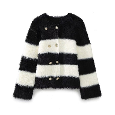 Howe Fall Women Clothing All Match Mixed Color Stripe round Neck Gold Double Breasted Long Sleeve Knitted Coat