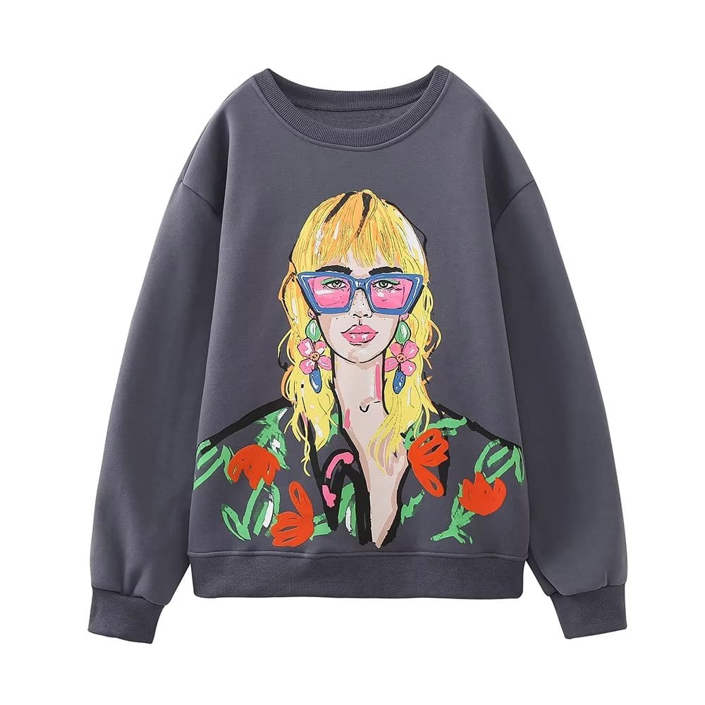 Howe Women Clothing Autumn Winter round Neck Girls Printed Washed Loose Pullover Long Sleeve Sweater