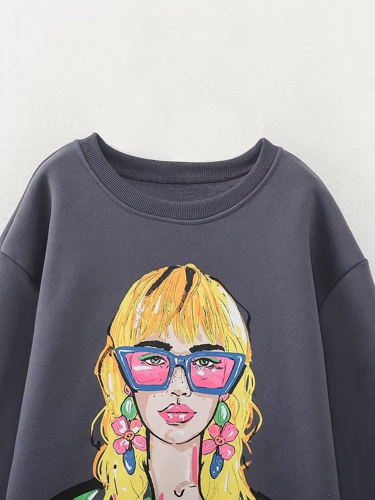 Howe Women Clothing Autumn Winter round Neck Girls Printed Washed Loose Pullover Long Sleeve Sweater