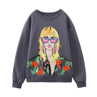 Howe XS / Gray Women Clothing Autumn Winter round Neck Girls Printed Washed Loose Pullover Long Sleeve Sweater