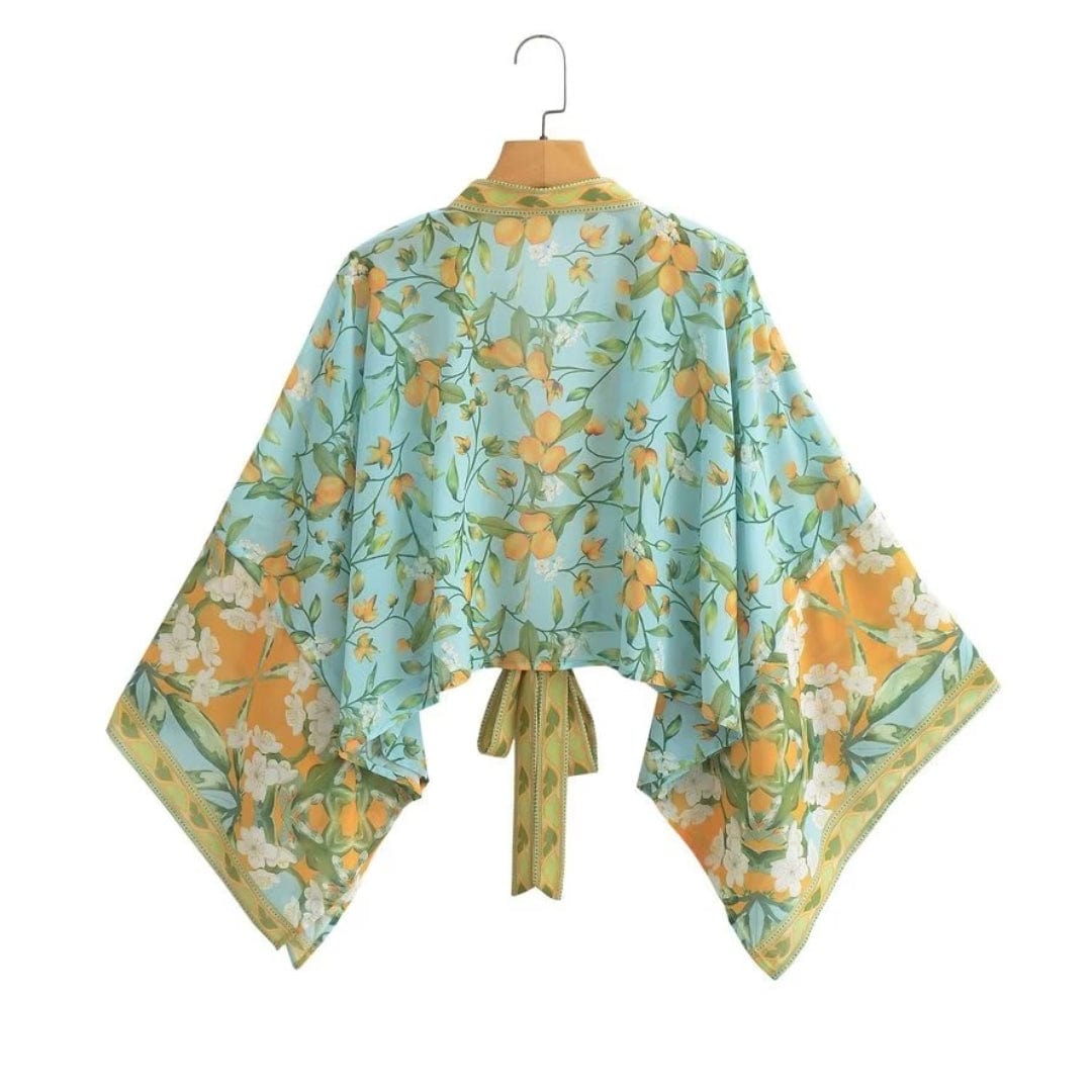 JiaJia One Size / 1511 Blue Amara Floral Crop Kimono