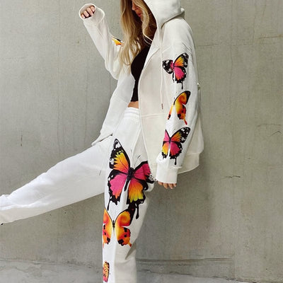 KAIXUAN S / White Autumn Winter Butterfly Print Long Sleeve Hooded Zipper Casual Sweatshirt Outfit Women