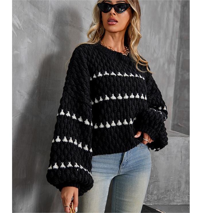 Macroporch One Size / Black Striped Round Neck Pullover Thick Needle Sweater Women Loose Lazy Autumn Winter Long Sleeve Sweater Outerwear Top Trendy