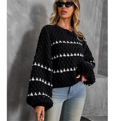 Macroporch One Size / Black Striped Round Neck Pullover Thick Needle Sweater Women Loose Lazy Autumn Winter Long Sleeve Sweater Outerwear Top Trendy