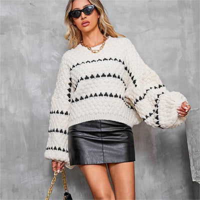 Macroporch One Size / White Striped Round Neck Pullover Thick Needle Sweater Women Loose Lazy Autumn Winter Long Sleeve Sweater Outerwear Top Trendy