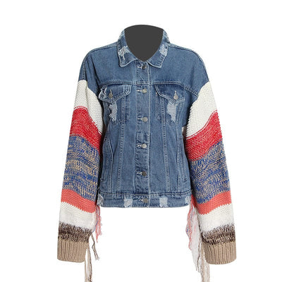 OFMY Korean Fashionable Patchwork Knitting Contrast Color Autumn Trendy Loose Casual Denim Jacket for Women