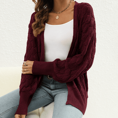 Owen S / Burgundy Women Clothing Loose Fitting Comfortable Sweater Coat Mid Length Design Hollow Out Cutout out Knitted Cardigan