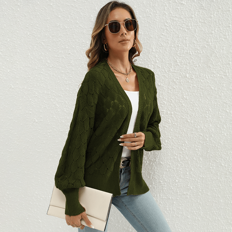 Owen S / Green Women Clothing Loose Fitting Comfortable Sweater Coat Mid Length Design Hollow Out Cutout out Knitted Cardigan