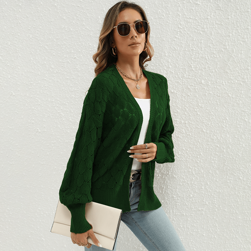 Owen S / Olive Green Women Clothing Loose Fitting Comfortable Sweater Coat Mid Length Design Hollow Out Cutout out Knitted Cardigan