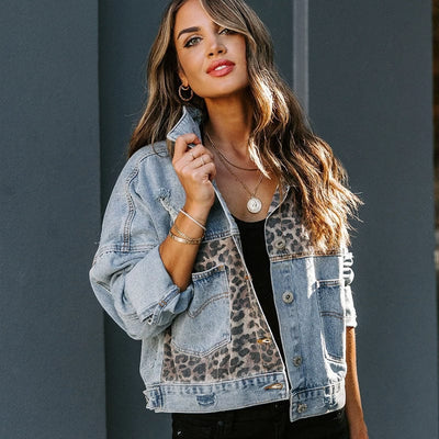 OZSHO S / Multi Denim Jacket Women Long-sleeved Station Denim Jacket Coat Women Leopard Splicing