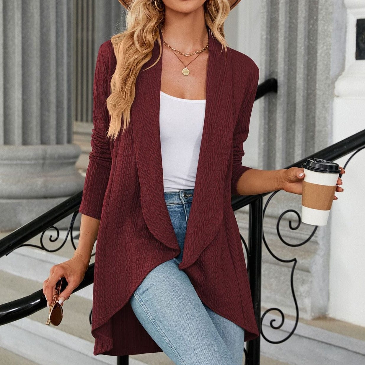 Rinka S / Burgundy Anemone Long Knitted Cardigan