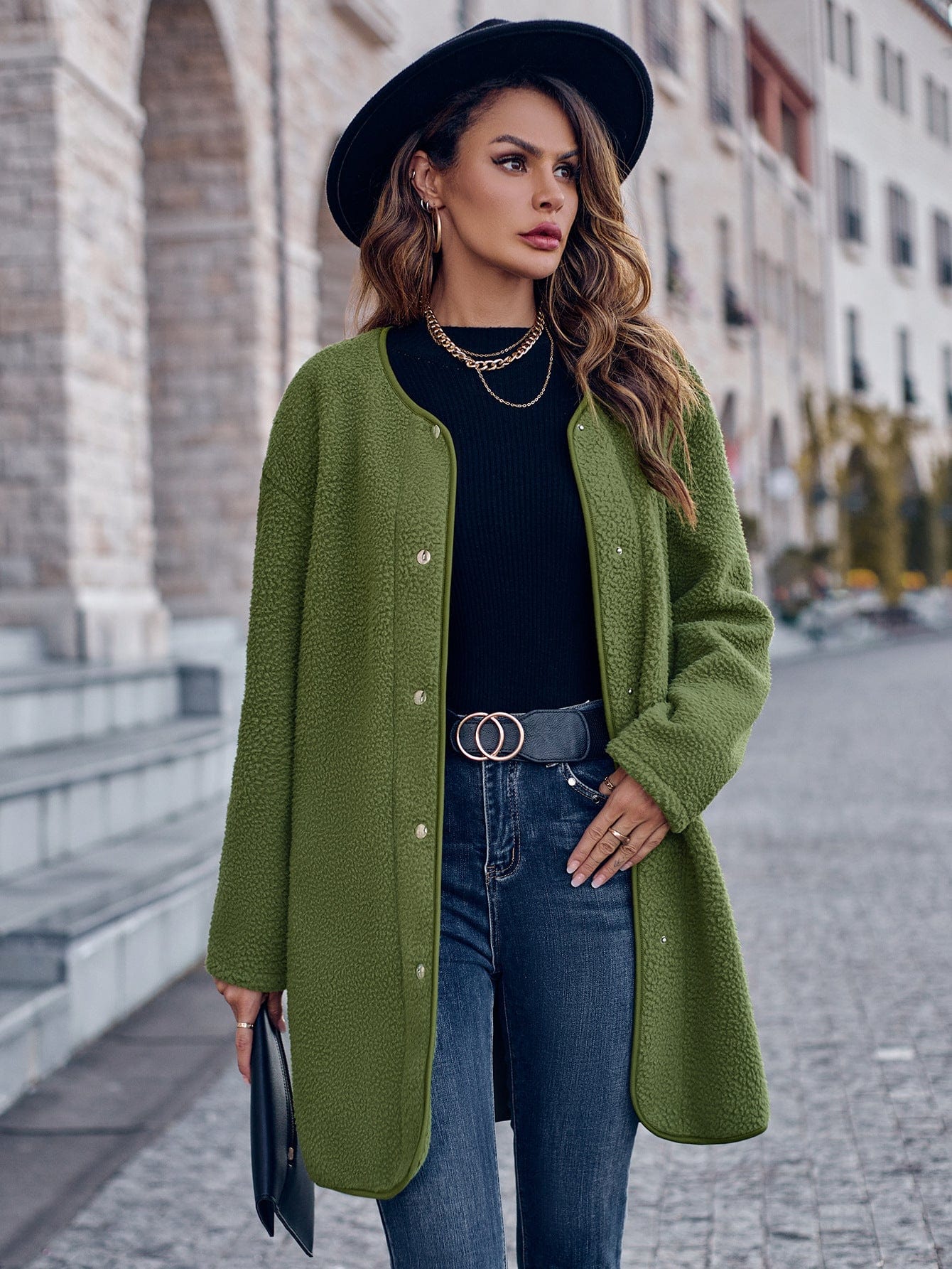 SHANO Women Clothing Autumn Winter Casual Solid Color round Neck Single Breasted Long Sleeve Coat