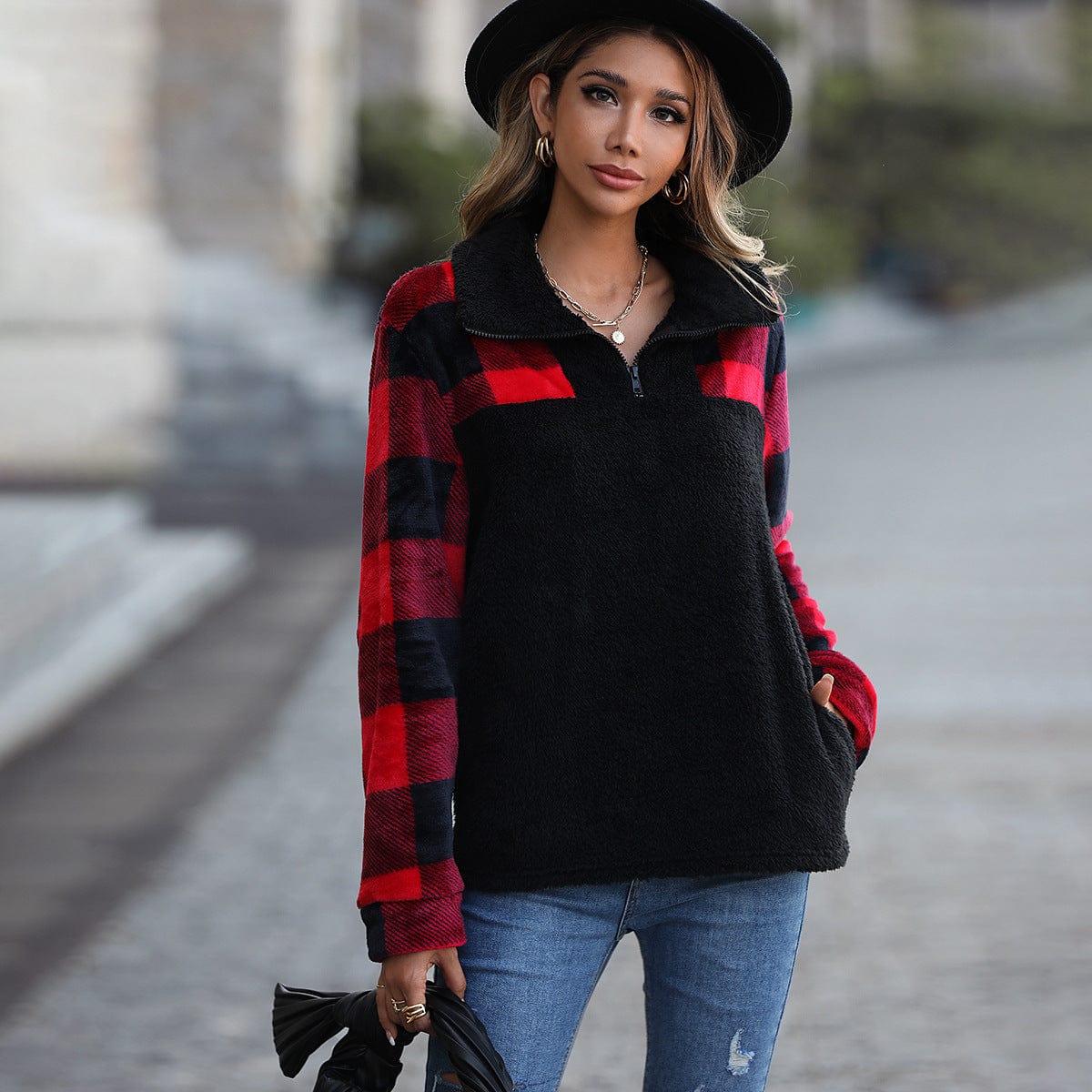 Shine Life Autumn Plush Women Clothing Half Long Sleeve Zipper Stand Collar Stitching Double Sided Flannel Plaid Pullover Sweater