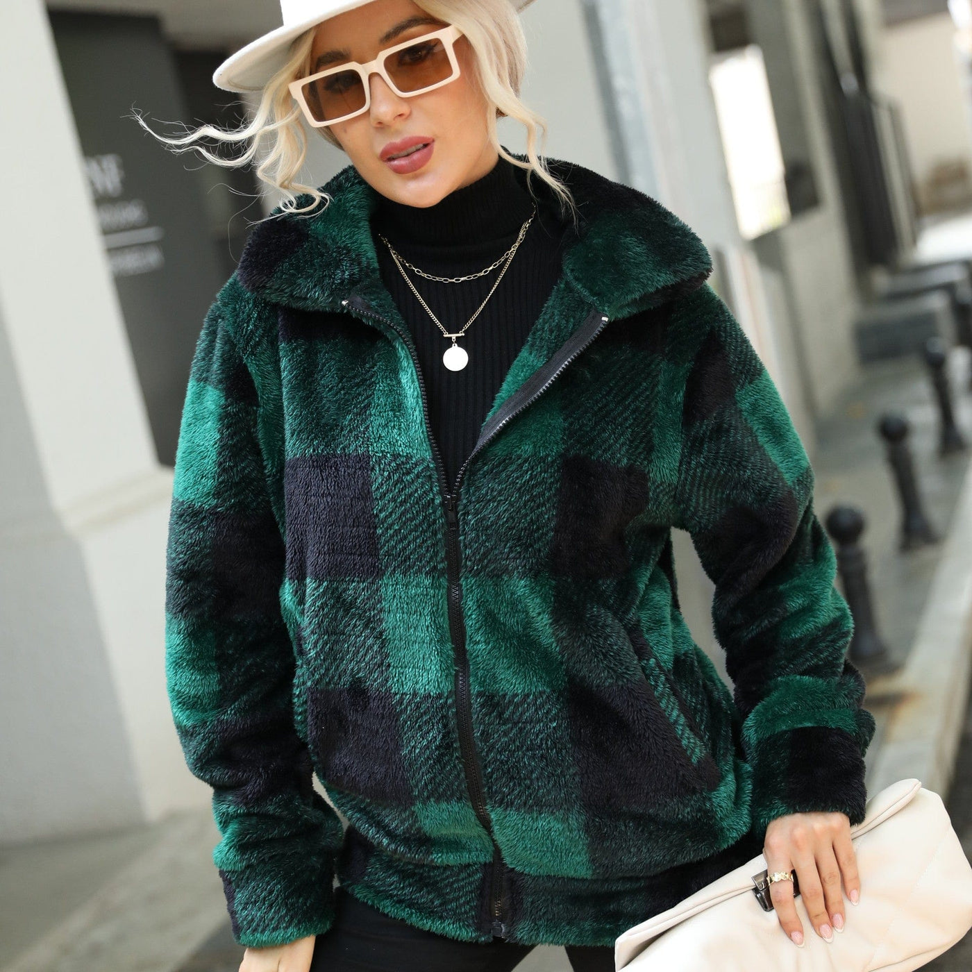 Shine Life Autumn Winter Ladies Long Sleeves Stand Up Collar Plaid Regular Midi Plush Zippered Double Sided Suede Jacket