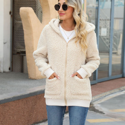 Shine Life Casual Women Autumn Clothing Long Sleeve Hooded Zipper Non Ironing Solid Color Loose Mid Length Bubble Velvet Coat