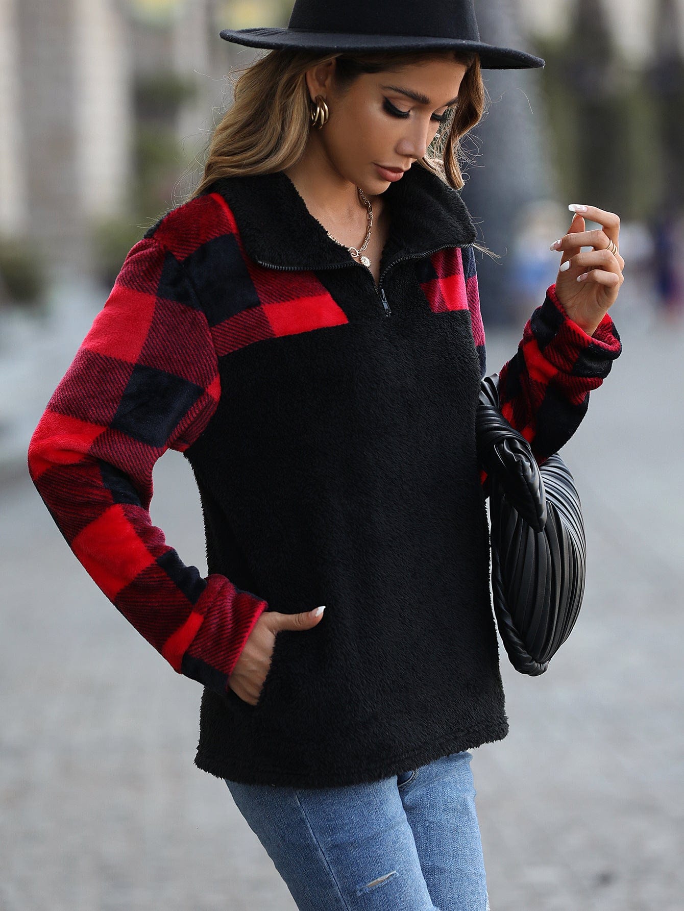 Shine Life S / Black Autumn Plush Women Clothing Half Long Sleeve Zipper Stand Collar Stitching Double Sided Flannel Plaid Pullover Sweater