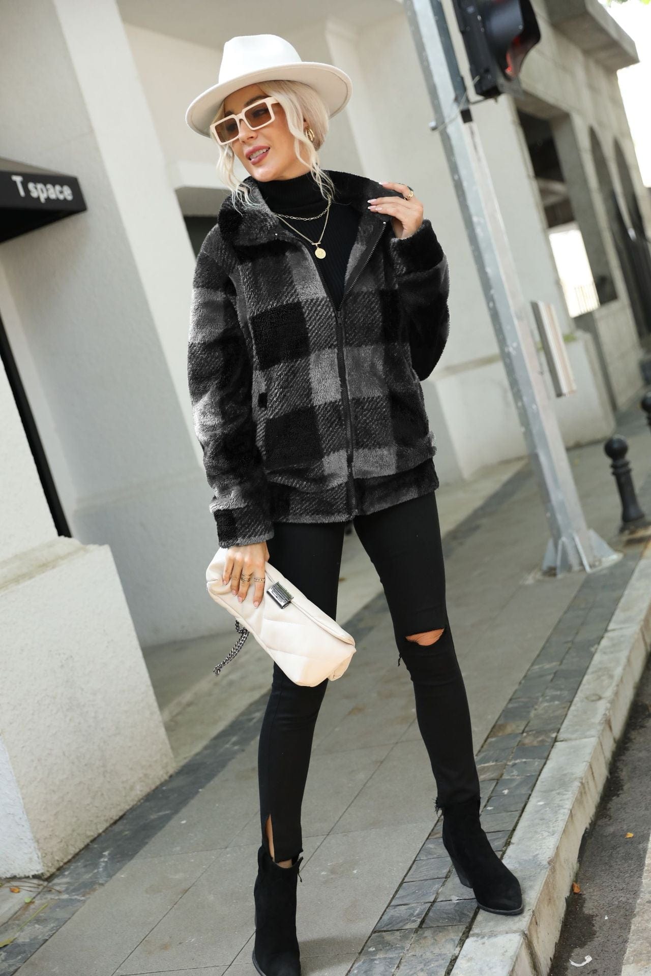 Shine Life S / Gray Black Autumn Winter Ladies Long Sleeves Stand Up Collar Plaid Regular Midi Plush Zippered Double Sided Suede Jacket