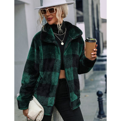 Shine Life S / Green Autumn Winter Ladies Long Sleeves Stand Up Collar Plaid Regular Midi Plush Zippered Double Sided Suede Jacket