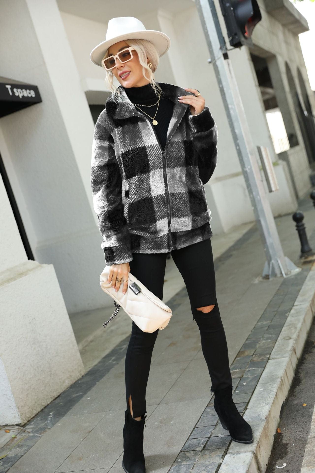Shine Life S / White and Black Autumn Winter Ladies Long Sleeves Stand Up Collar Plaid Regular Midi Plush Zippered Double Sided Suede Jacket
