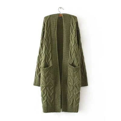 SNOWMAN One Size / Green Women Clothing Autumn Winter Twist Knitted Sweater Cardigan Mid-Length Coat