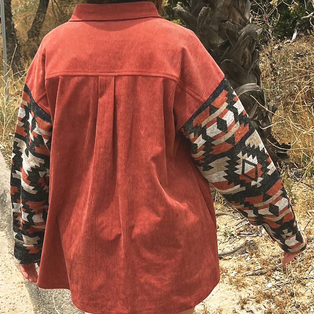 SugerStyle Coat Women Autumn Winter Corduroy Aztec Stitching Long Sleeved Shirt Loose