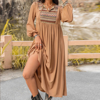 Timespool S / Brown Women Middle East Autumn Long Sleeve Dress Solid Color Long Dress