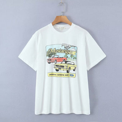 TinkleBell Summer Locomotive Printed Round Neck Pullover Short Sleeve T shirt Women