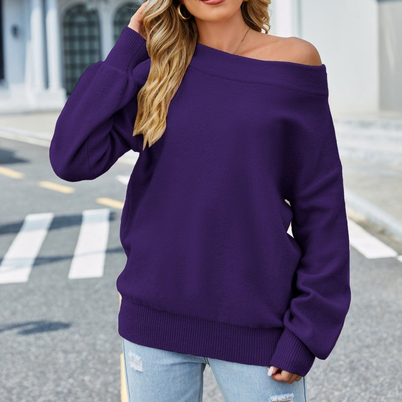 Wicked AF S / Purple Saffrona Off Shoulder Sweater