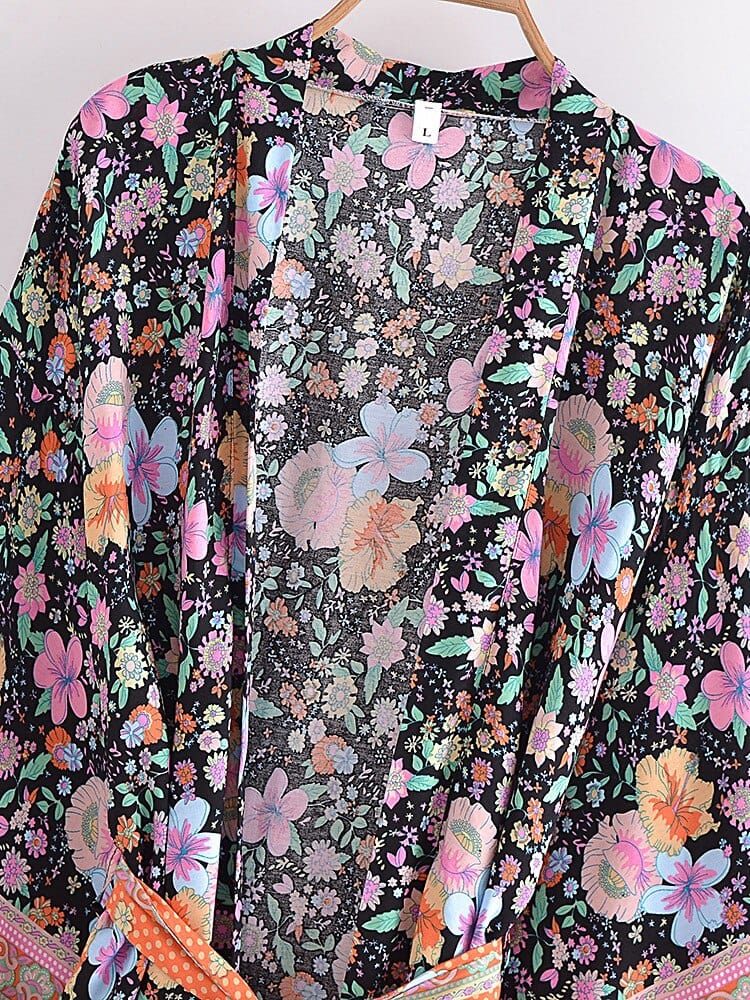 wickedafstore 0 Vintage Chic Black Floral Print Sashes Bohemian Kimono Women  V Neck Batwing Sleeves Happie Short Robe Bikini Boho Cover-ups