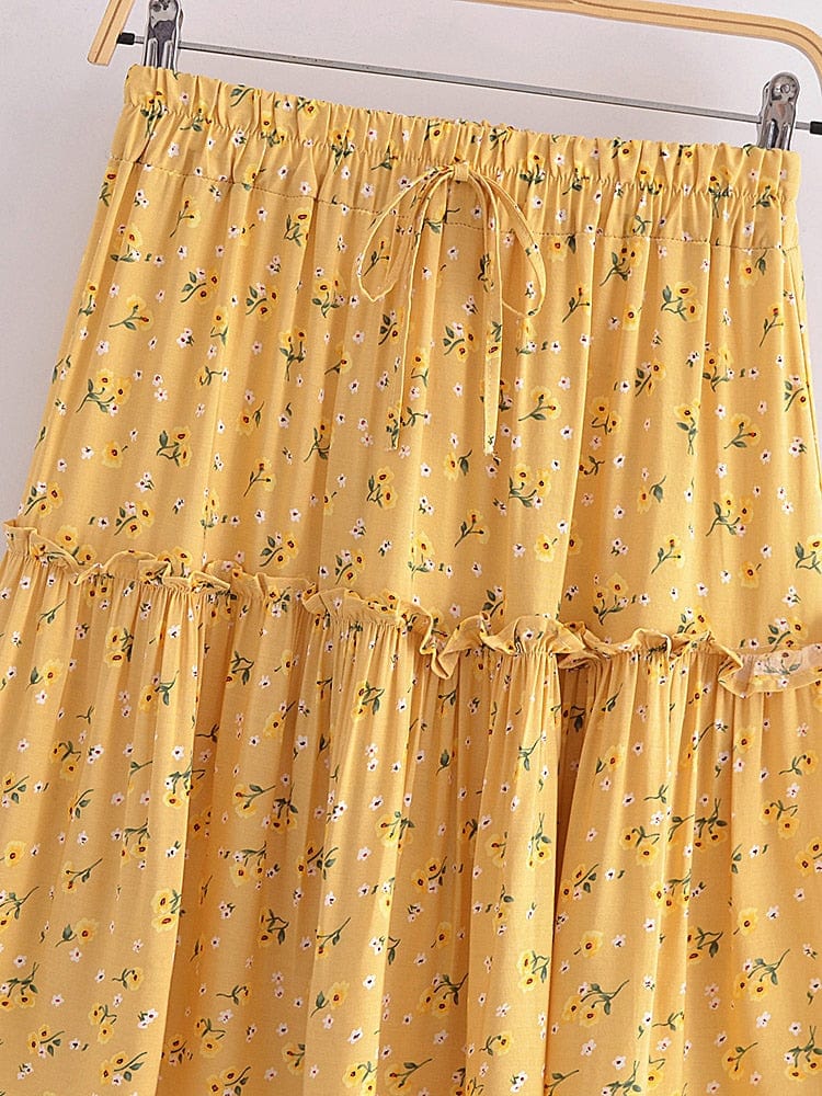 wickedafstore 0 Vintage Chic Women Yellow Floral Two Piece Suits  Bohemian Tops Blouse Elastic Waist Mini Skirt 2 Pieces Rayon Cotton Boho Sets