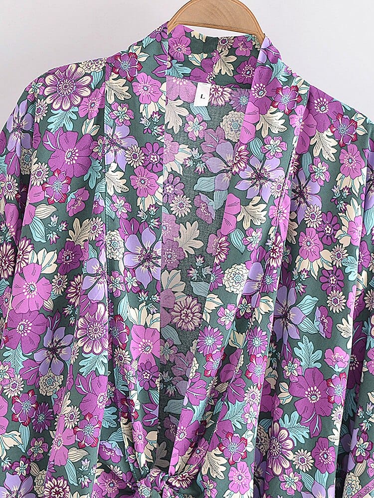 wickedafstore 0 Vintage Purple Floral Boho Kimono Short Robe Swimsuits Women Fashion Batwing Sleeves Rayon Bohemian Bikini Cover Ups Beachwear
