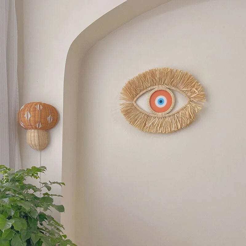 wickedafstore 01-Orange Moroccan Handwoven Devil's Eye Wall Decor Wood Beads Straw Woven Living Room Sofa Background Entryway Wall Hanging Decoration