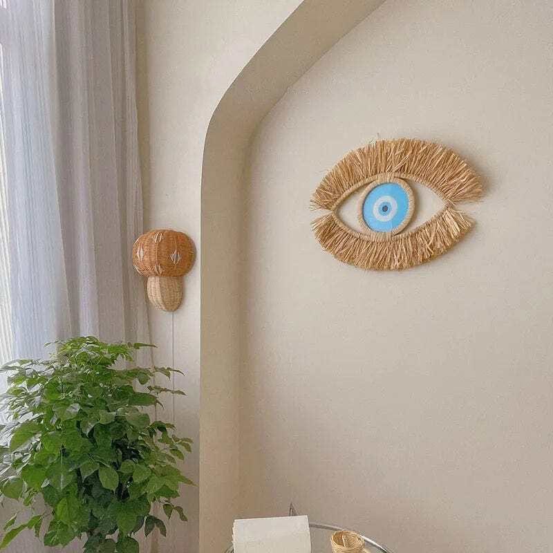 wickedafstore 04-Sky Blue Moroccan Handwoven Devil's Eye Wall Decor Wood Beads Straw Woven Living Room Sofa Background Entryway Wall Hanging Decoration