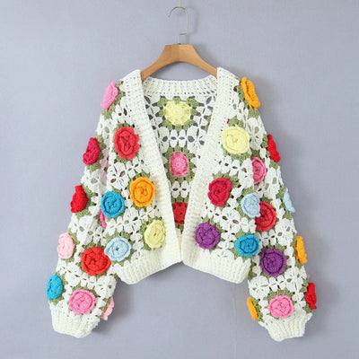 wickedafstore 2023 Autumn BOHO Hand Crochet 3D Flower Ball Cardigan Sweet Woman V neck Full Lantern sleeve Knitting Sweater Knitwear Jumper