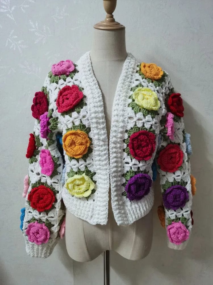wickedafstore 2023 Autumn BOHO Hand Crochet 3D Flower Ball Cardigan Sweet Woman V neck Full Lantern sleeve Knitting Sweater Knitwear Jumper