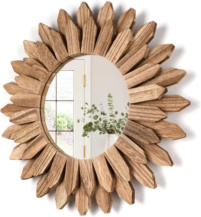 wickedafstore 24.5/50cm Wall Mirror Decorative 12 inch Rustic Wood Mirror Sunburst Boho Mirror for Entryway Bedroom Living Room