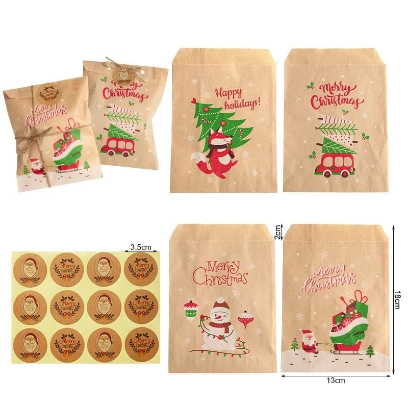 wickedafstore 24sets Pattern1 / 13x18cm Retro Christmas Kraft Paper Bags