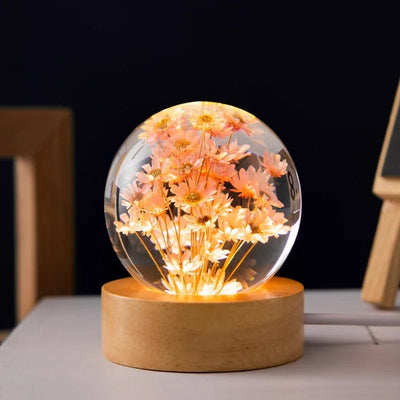 wickedafstore 6cm Pink daisy 3D Dandelion Crystal Ball 5cm 6cm Luminous Immortality Flower Gift Crystal Ball Wood Stand Base Preserved Flower Sphere Ball