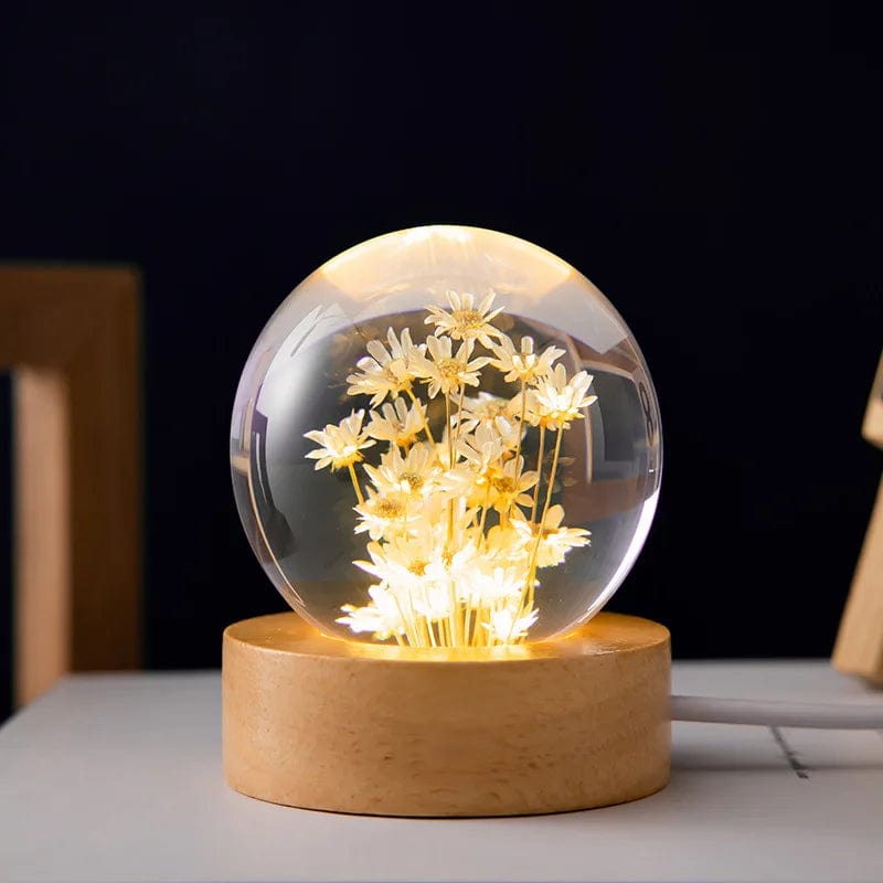 wickedafstore 6cm White daisy 3D Dandelion Crystal Ball 5cm 6cm Luminous Immortality Flower Gift Crystal Ball Wood Stand Base Preserved Flower Sphere Ball