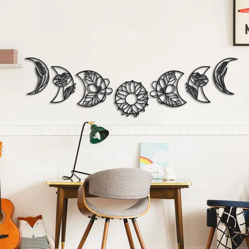 wickedafstore 7 Pieces Moon Phase Boho Hanging Nordic Wood Wall Decor Art for Living Room Bedroom Home Decoration
