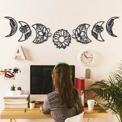 wickedafstore 7 Pieces Moon Phase Boho Hanging Nordic Wood Wall Decor Art for Living Room Bedroom Home Decoration