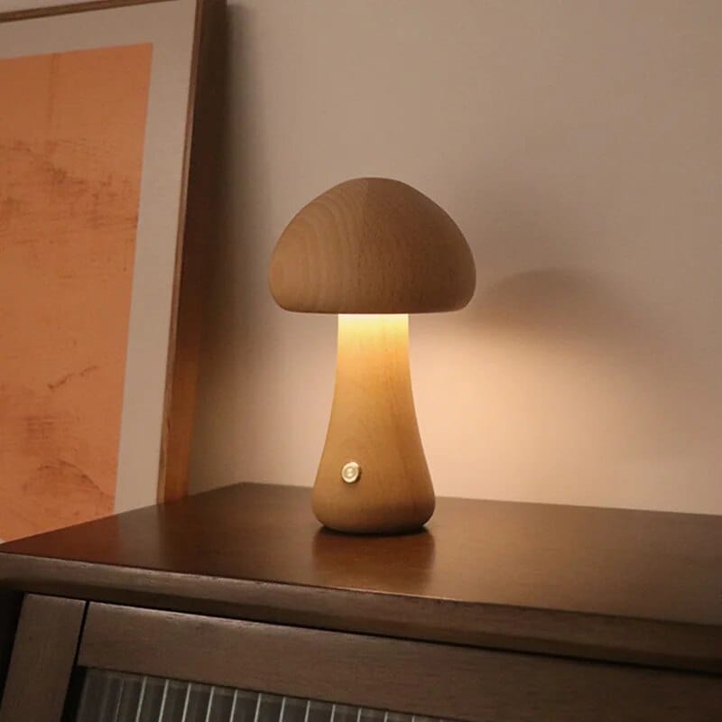 wickedafstore A Beech Wooden Mushroom Table Lamp