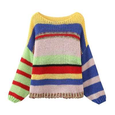 wickedafstore as1 / XS / CHINA Chu Sau beauty 2023 Women Autumn Fashion Sweet Color Striped Knitted Pullover Chic O-neck Loose Sweater Cute Long Sleeve Jumpers