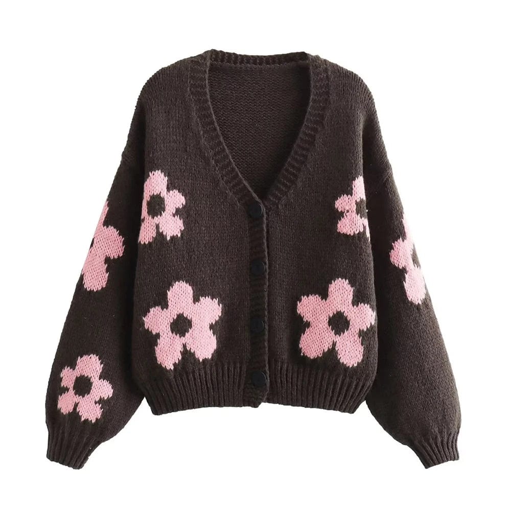 wickedafstore as3 / S / CHINA Chu Sau beauty 2023 Women Autumn New Fashion Sweet Floral Knitted Cardigan Cute V-neck Sweater Chic Single-breasted Knit Coat
