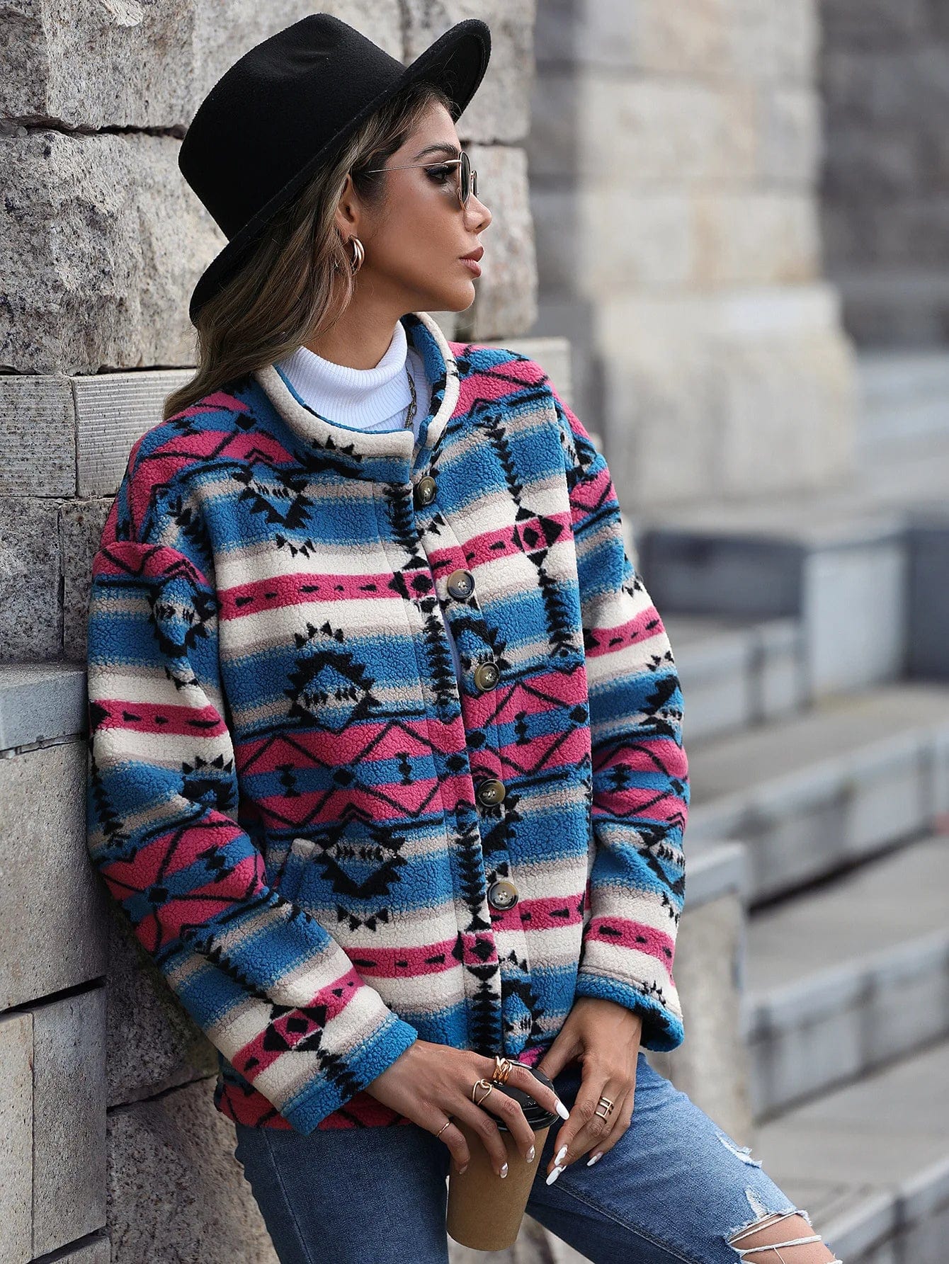 wickedafstore Aztec Print Plush Coat