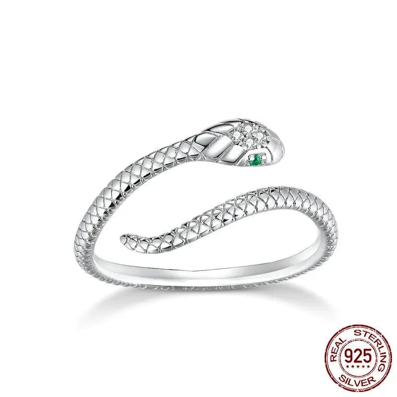 wickedafstore bamoer 925 Sterling Silver Platinum Plated Adjustable Ring, Green Zircon Retro Textures Snake Ring Fashion Jewelry 4 Colors