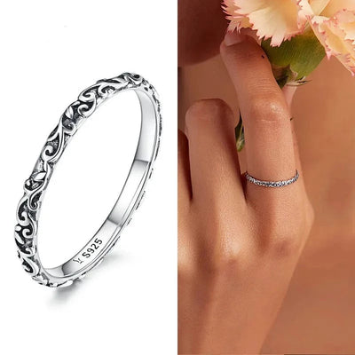 wickedafstore Bamoer Vintage 925 Sterling Silver Embossed Vintage Pattern Ring for Women Simple Silver Ring Fine Jewelry Luxury Brand Gift