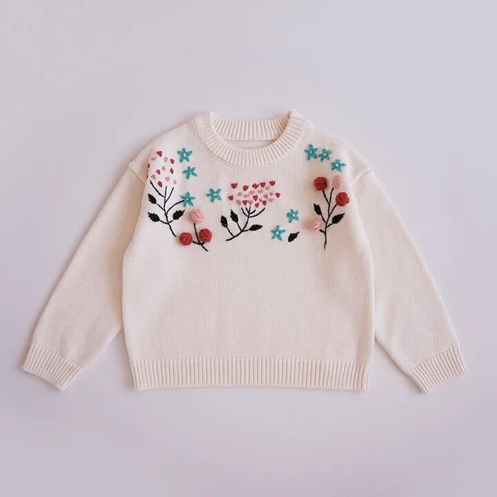 wickedafstore Beige / 2T Embroidered Floral Girls Sweater